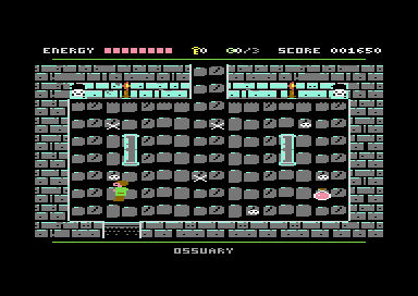 The Ossuary, a grey room with skulls, pillars and a green explorer.
