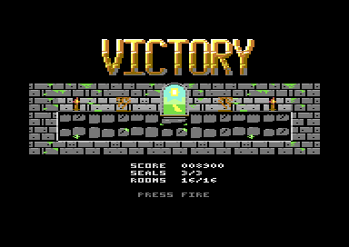 The victory screen, the word VICTORY in gold letters over the open portal, with score, seals and rooms visited.