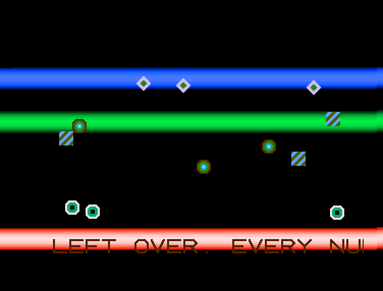 Another frame of the demo, with the copper bars in different positions and the scroller further along.