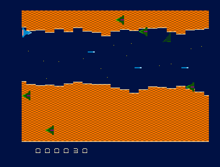 Veldrin with the player's ship on the left, green enemies in the cavern and the score panel along the bottom.